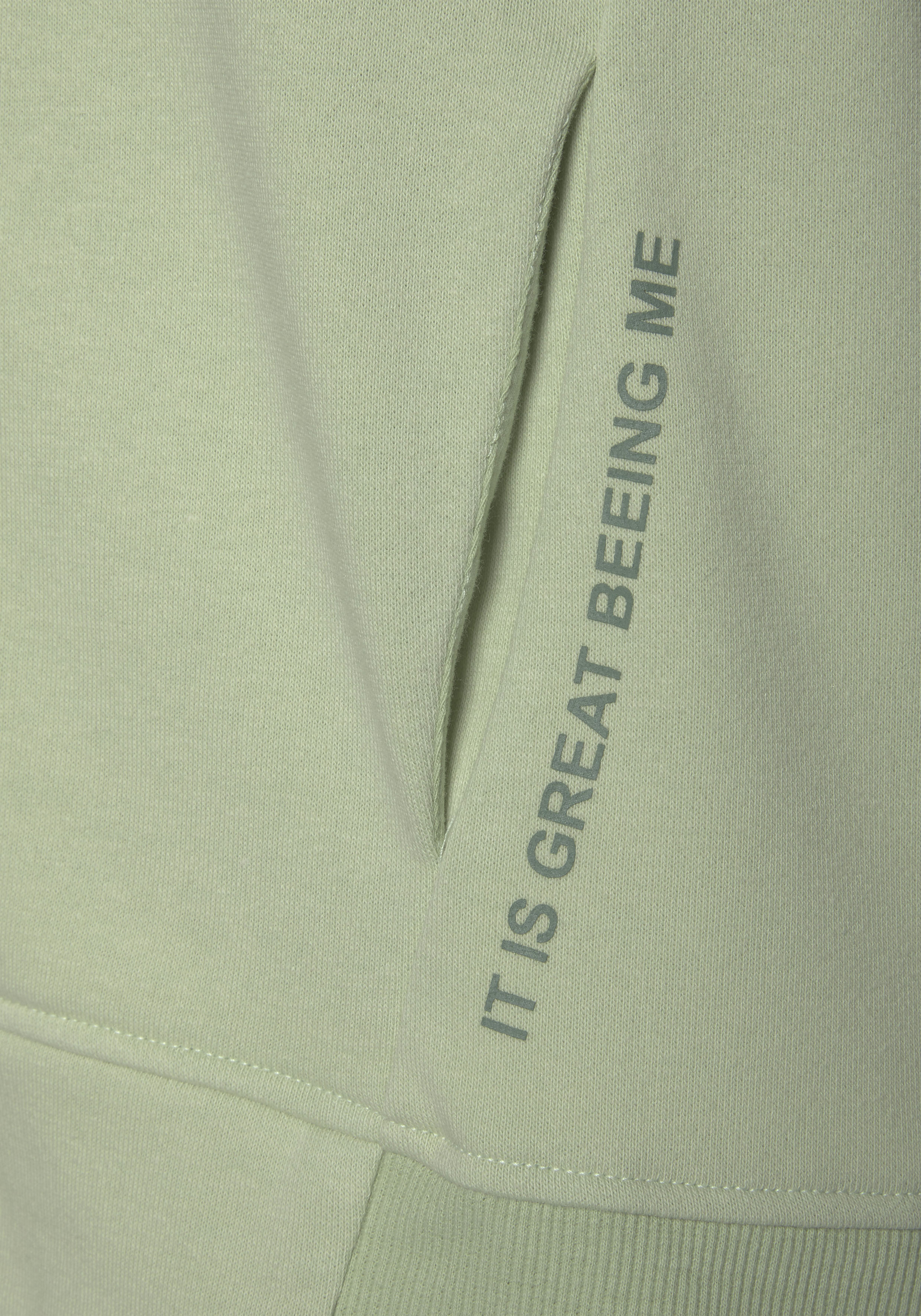 Kapuzensweatjacke BUFFALO, Damen, Gr. 40/42, grün (jade), angeraute Sweatware, Obermaterial: 60% Baumwolle, 40% Polyester, unifarben, bequem hüftlang, ohne Ausschnitt, Rippbündchen, Sweatjacken Kapuzensweatjacke, mit Statement Druck, Loungewear jade 40/42