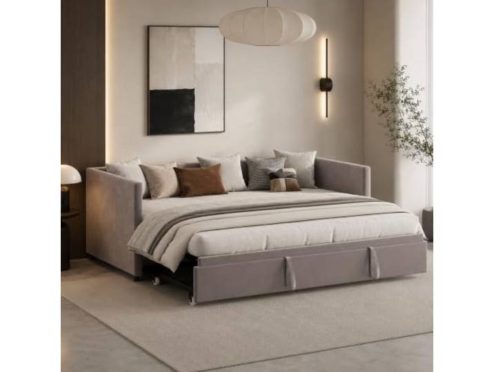 DAHUEN Doppelschlafsofa, Schlafsofa 90/180 x 200 cm, mit Lattenrost, Samt, Grau (ohne Matratze) (Grau)