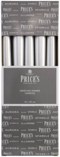 Price's Prices Fresh Air Venetian 10 inch Dinner Candle Pack of 10 Wrapped Silver