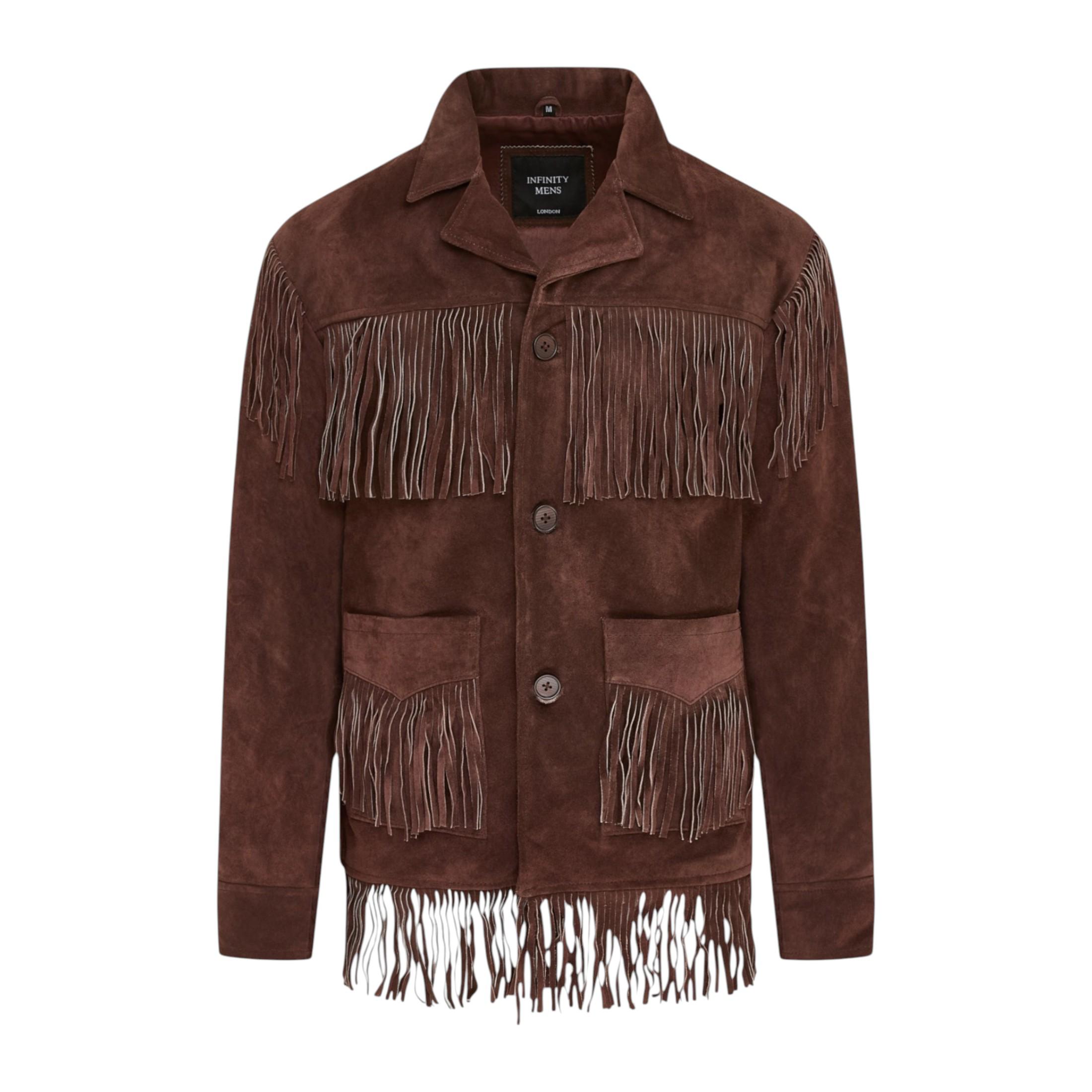 Herren Retro Braune Cowboy-Wildlederfransenjacke – Western