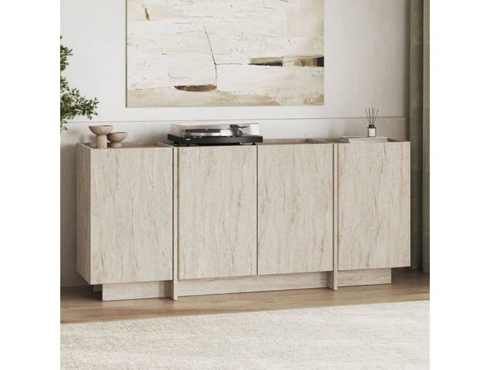 Console Meuble dentrée en bois MDF mélaminé effet travertin 180 x 45 x 80 cm fermeture douce
