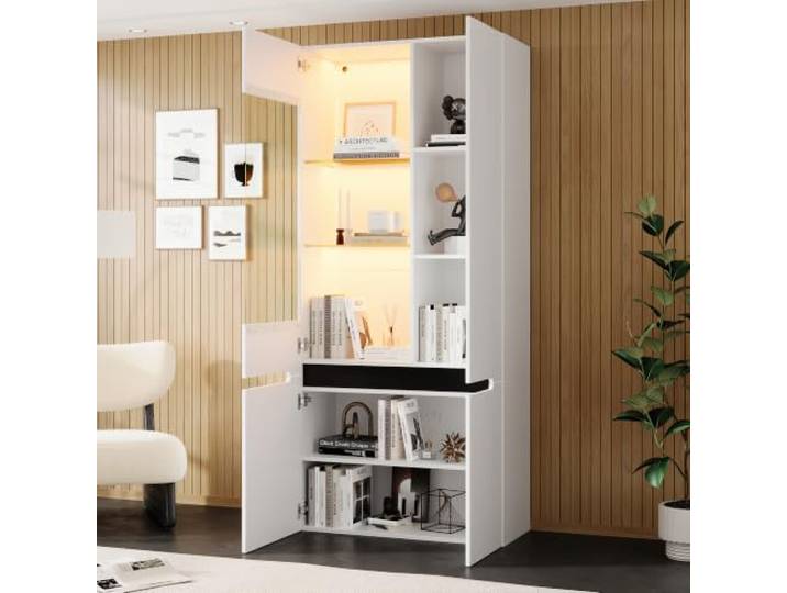 YAIXBNG Vitrine mit LED, 4 Flügeltüren mit Trennwand aus Sicherheitsglas, Wohnzimmer Glasvitrine Hochglanzfront, Sammlervitrine für Wohnzimmer, Esszimmer, Schlafzimmer,Weiß,80×35×180cm