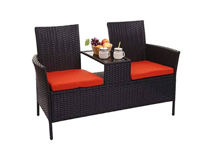 Mendler Poly-Rattan Sitzbank mit Tisch HWC-E24 - schwarz, Kissen Terracotta