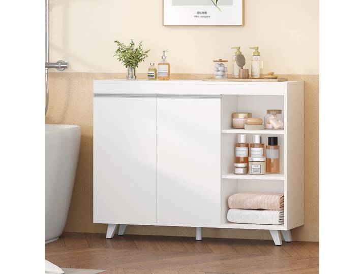 Armoire de salle de bain blanche, avec 2 portes, armoire de salle de bain avec 3 étagères ouvertes, armoire de cuisine, grande capacité, pour salon, salle de bain
