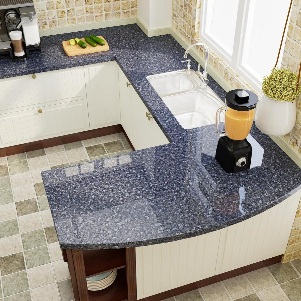 Plakfolie Blauw Terrazzo met Glanzende Donker Graniet Look voor het Decoreren van Muren en Meubels