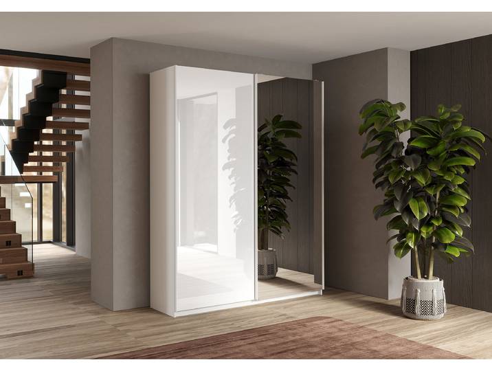 Schwebetürenschrank Swing 180cm Weiß mit Spiegeltür/-en
