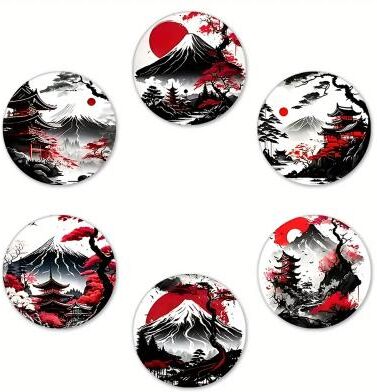 Inspire Select Japanese Landscape Wooden Coaster Set 6pcs Non Slip Heatproof Drink Coasters For Home & Office set A