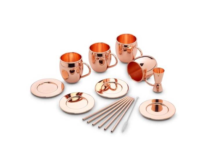 ECHTWERK Moscow Mule Becher Set 13 tlg – 4×500 ml Edelstahlbecher in Kupferoptik mit Untersetzern, Strohhalmen & Messbecher – rostfrei, geschmacksneutral & langlebig für Cocktails & Longdrinks