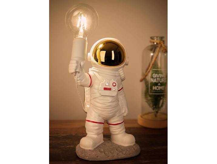 BRUBAKER Astronauten tafellamp - 40 cm ruimte bedlampje met E27-fitting en USB-C stekker - handbeschilderd ruimtevaart decoratiebeeldje - wit en goud