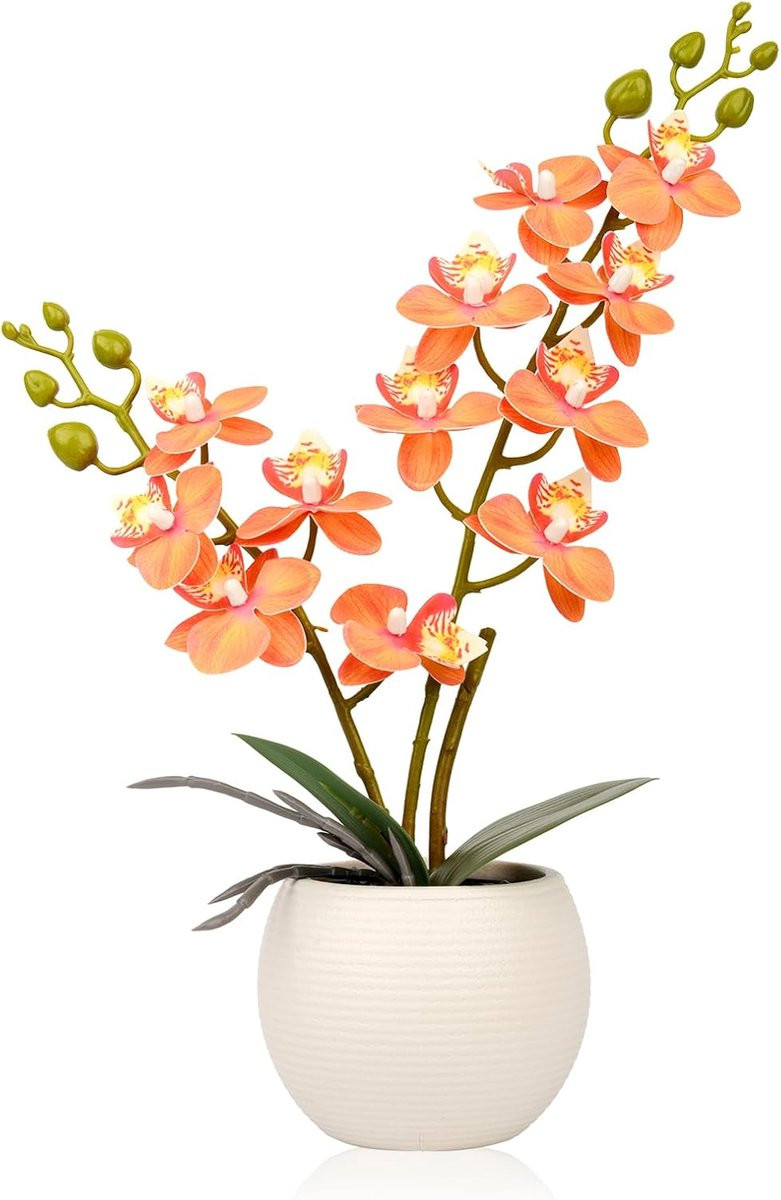 Kunstorchidee met oranje bloemen in witte pot - Real Touch Phalaenopsis decoratie
