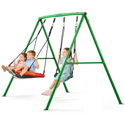 VEVOR Gartenschaukel mit A-förmigem Metallgestell, Doppelschaukel (1 Tellerschaukel & 1 Gurtschaukel), bis zu 199,6 kg Tragkraft, Schaukelset Outdoor, Verstärkt mit Spiralförmigen Bodenankern