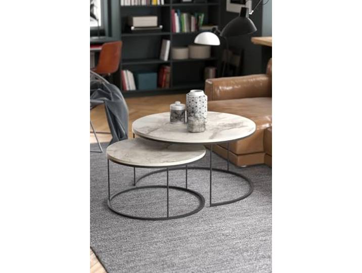 Tubibu Couchtischset Kaffeetisch im 2er Set Satztisch 2-TLG für Wohnzimmer Flur aus Metall und Spanplatte Wohnzimmertisch Beistelltisch Set Moderne Couchtische für Wohnzimmer (M-White)