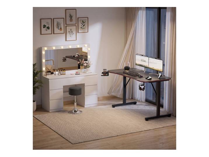 HOMALL Schminktisch Kombi-Set aus Schminktisch und Gaming-Tisch (Schminktisch mit LED-Beleuchtung, einstellbarer Helligkeit, Stauraum, 2 Steckdosen + USB-/Typ-C-Anschluss, 140 cm langer Gaming-Tisch in ergonomischem Design)