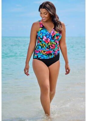 Plus Size Women's Addison Control One-Piece Swimsuit by Trimshaper in Tropical Treasure (Size 14)