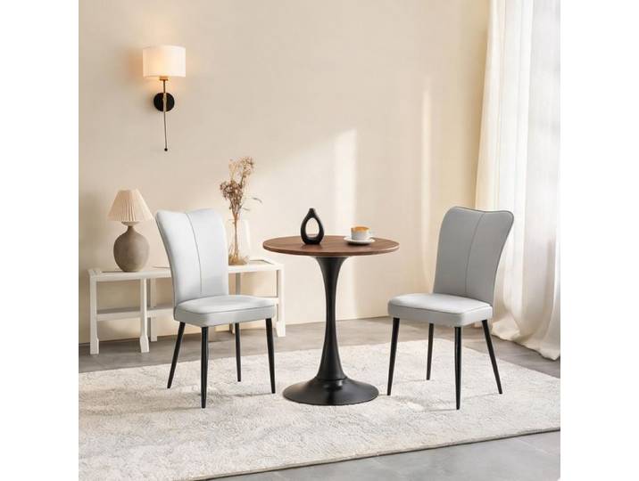 Set table ronde 60 cm et 2 chaises PU gris clair design industriel – coin repas salon