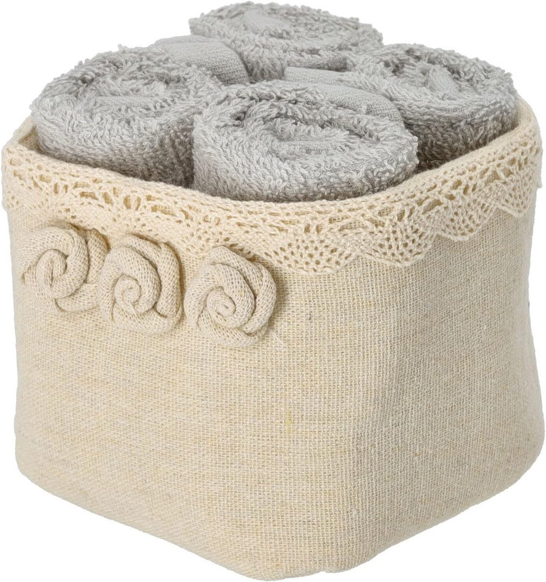 Set van 4 katoenen lavetten met stoffen mand en rozen decoratie