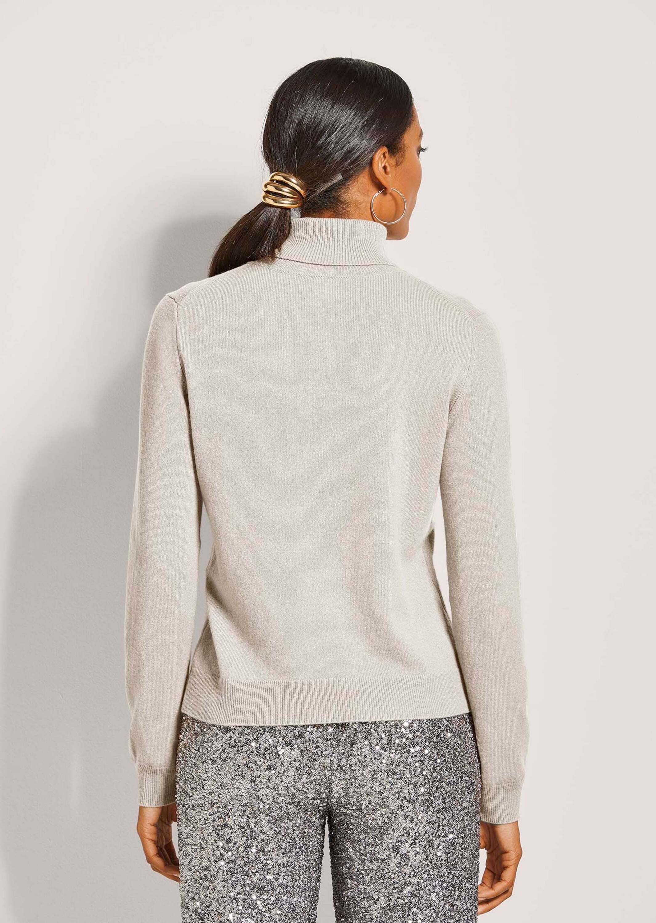 Longpullover MADELEINE "Kaschmirpullover Zeitloser Strickpullover mit geripptem Rollkragen", Damen, Gr. 44/46, beige (beige, melange), Obermaterial: 100% Kaschmir WS., Modern, Rollkragen, Pullover Longpullover, Kaschmirpullover mit Rollkragen, Langarm