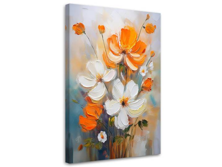 Feeby Wandbild weiße und orangefarbene wildblumen, Orange, Floral, Rechteckig, 60x90 cm, Bilder & Rahmen, Bilder, Leinwandbilder