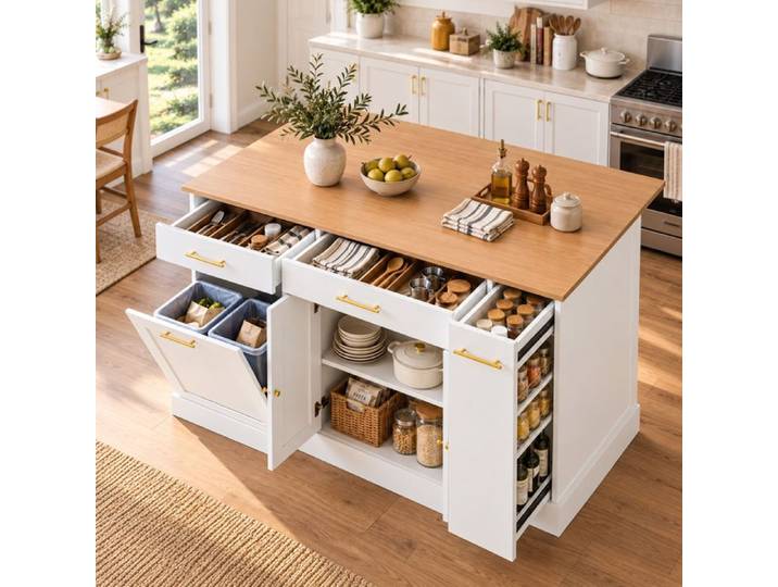 Îlot cuisine central avec plan de travail rabattable de 120 cm compartiment pour poubelle étagère coulissante latérale 3 tiroirs