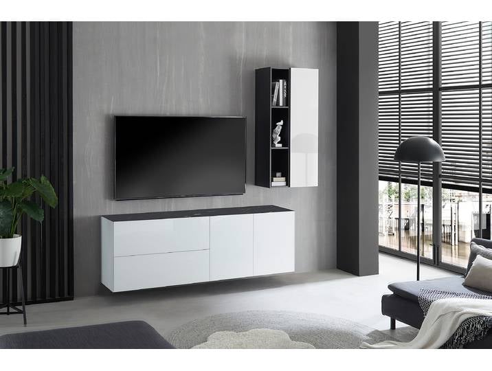 TV-Lowboard Wende-Deckplatte Typ A Deckplatte: Spanplatte, foliert Front & Korpus: Glas, lackiert Weiß/Weiß 181 x 63 x 42cm