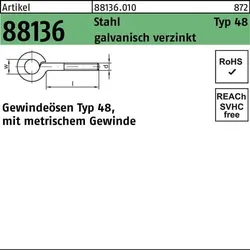 Gewindeöse R 88136 Typ 48 M8x100 D 12 Stahl galv.verz. 50 Stück