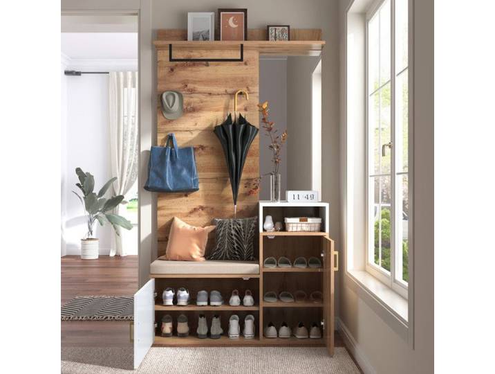 Meuble à Chaussures avec 4 patères et miroir Armoire à chaussures avec banc et crochets à vêtements