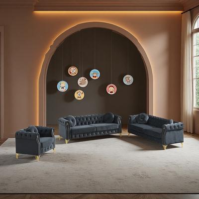 ZWYO HOSIMU Velvet Chesterfield Modular Sofa Set with Tufted Design, Copper Studs and Metal Legs