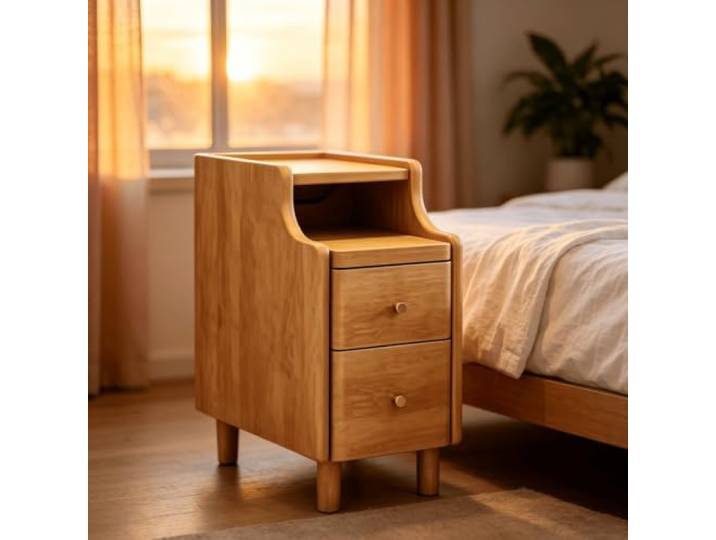 Nachttisch Massivholz, Schmaler Nachtschrank mit 2 Schubladen Schmaler Nachtschrank mit Tablett-Ablage, abgerundeten Kanten und Massivholzbeinen.(Wood,7.87in)