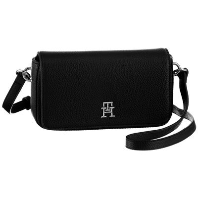 Umhängetasche TOMMY HILFIGER "TH EMBLEM FLAP CROSSOVER", Damen, Gr. B/H/T: 21,5cm x 12,5cm x 5cm, schwarz (bds schwarz), Polyurethan, Strukturmuster, unifarben, Taschen Umhängetasche, mit TH-Emblem vorne