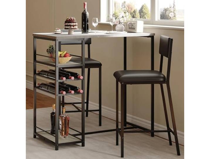 Garvee Bartisch Set 3-Teilig, Esstisch mit 2 Stühlen & & 3 Ablagen, Tresentisch Barhocker Essgruppe 2 Personen Küchentisch Industriedesign Metallrahmen, Grau