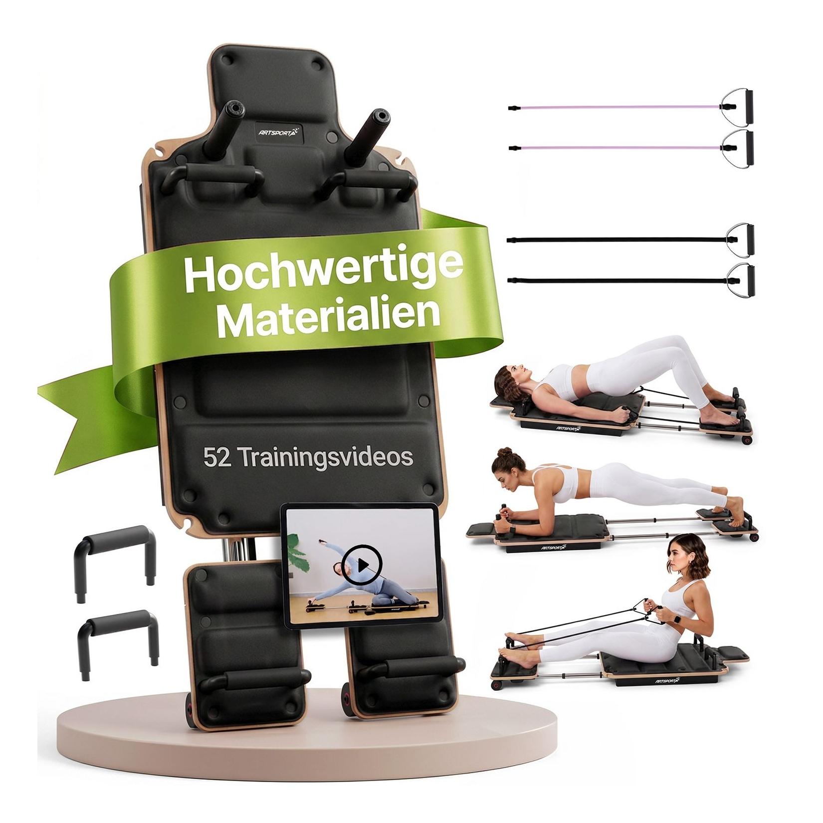 ARTSPORT® Pilates Reformer Board Movea in Schwarz - Ganzkörper-Fitnessgerät mit 6 Trainingsbändern, Mini Reformer inkl. 52 x Trainingsvideos