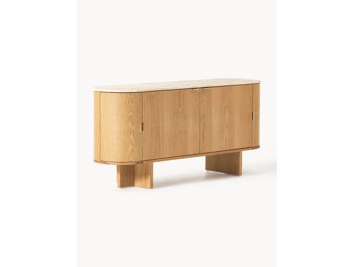 Holz-Sideboard Zumi mit abgerundeten Ecken und Travertinplatte