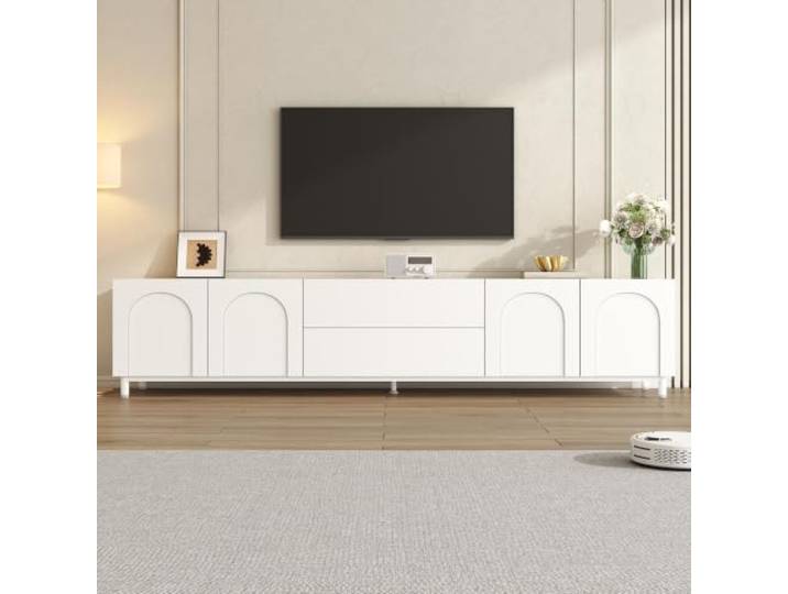 Fiednoy TV-Lowboard Weiß 180cm, TV Schrank Mit 4 Türen Und 2 Schubladen Bogenfronten, Stahlrohrfüße, Kabelmanagement Und Viel Stauraum, TV Bänk Für Wohnzimmer