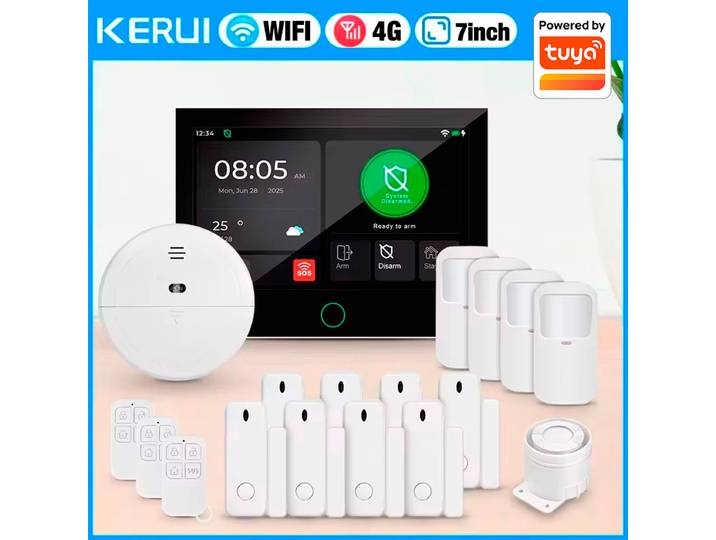 Système d'alarme de sécurité sans fil KERUI avec écran tactile IPS de 7 pouces, 4G LTE GSM WiFi, compatible avec Tuya