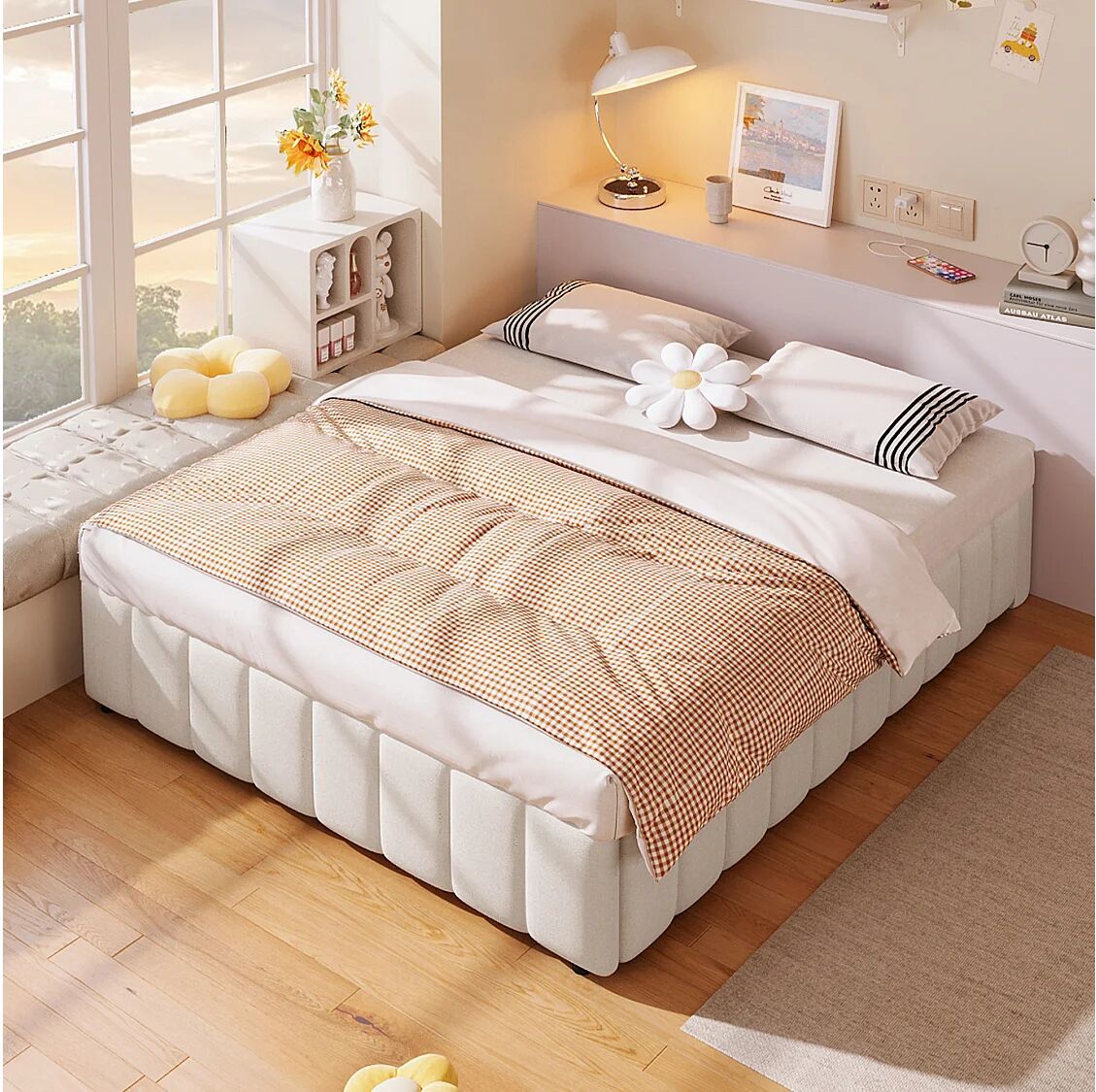 Hauss Spole Minimalistisch opbergbed 140x200 cm, in beige linnen zonder hoofdbord met hydraulische opbergruimte (zonder matras)