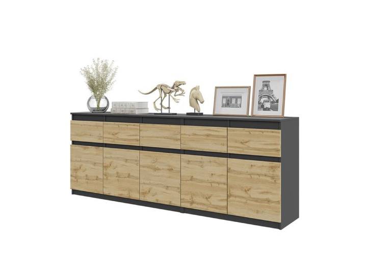 Commode NOAH - 5 Tiroirs et 5 Portes - H75 cm x L200 cm x P35 cm (Anthracite / Chêne Wotan)