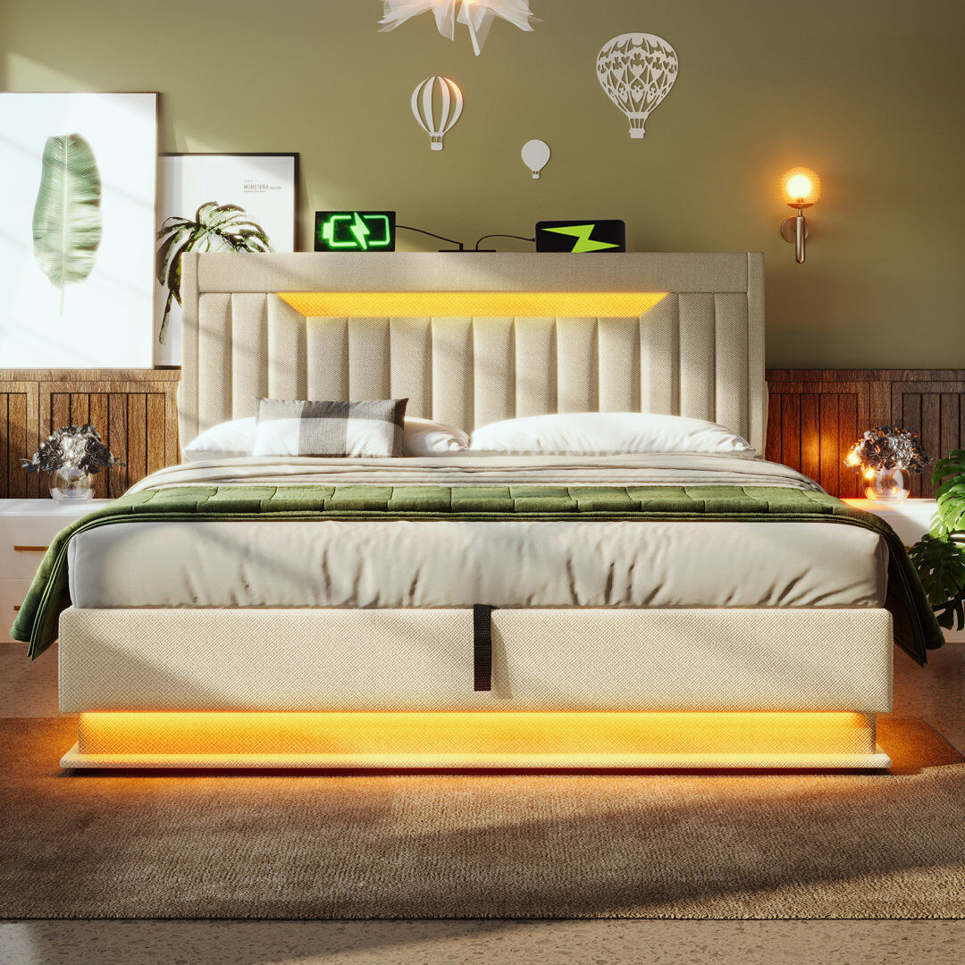 Ivy Bronx Metal Ottoman Storage Bed Beige Double (4'6)