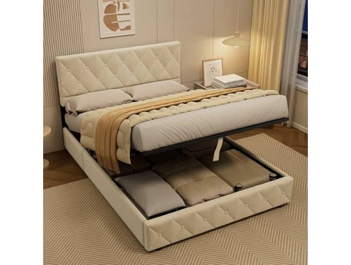 okwish Polsterbett 140x200 mit Bettkasten, Samt, Beige, ohne Matratze verstellbares Kopfteil, Lattenrost aus Holz, Ideal als Doppzelbett, Jugendbett und Stauraumbett