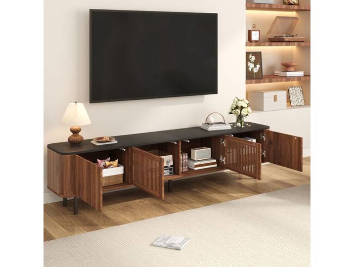 Meuble TV 190cm Aspect Chêne - Banc TV Moderne avec 2 Portes Rainurées et Pieds Métal Noir Console Multimédia pour Salon