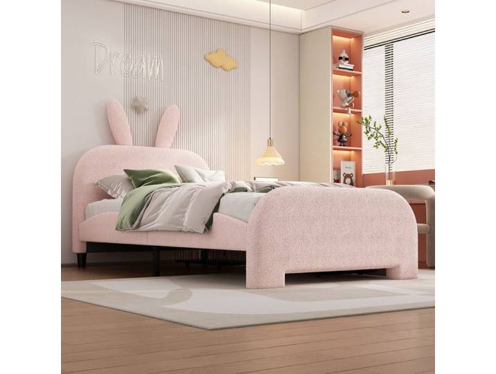 Lit enfant - 90x200 cm - Tête de lit lapin - 2 tiroirs - Rose