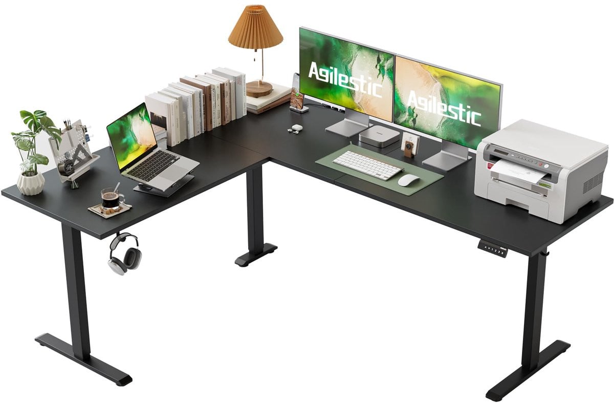 SnelShoppen Elektrisch verstelbaar L-vormig hoekbureau, ergonomisch zit-sta computerbureau, zwart, 190 x 155 cm