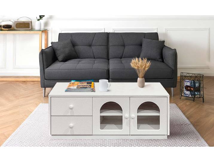 MENZZO Table basse 60x100cm avec portes et tiroirs style naturel chic Volos Blanc texturé