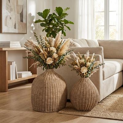 Sagebrook Home Decorative Round Rattan Flower Vases for Entryway, Set of 2