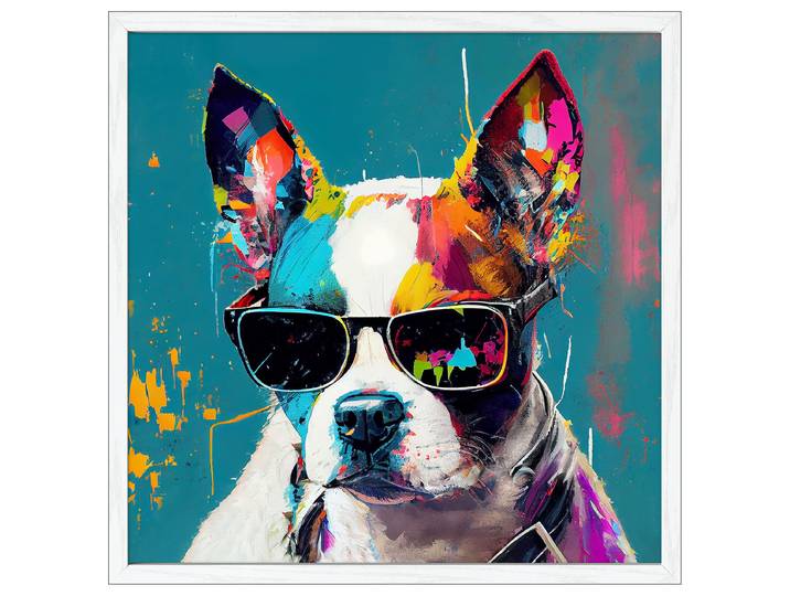 Tableau Dog With Sunglasses I Verre : verre float Cadre : panneau de fibres de bois à densité moyenne MDF , pelliculé Blanc/Turquoise/Orange 53