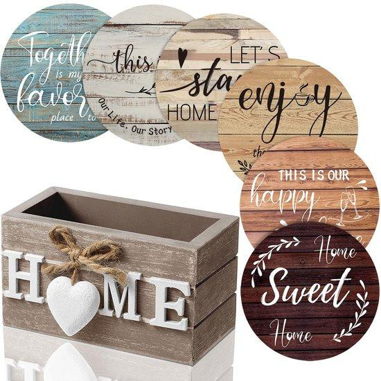 Unyqoos 6-delige set decoratieve houten onderzetters met houder