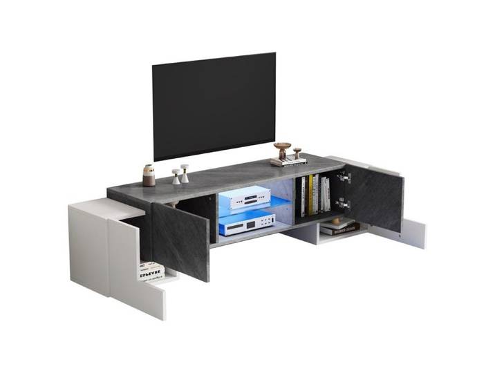 Meuble TV - HIBA - Meuble TV Moderne - Pour TV 60–70  - LED Bluetooth pilotable (App) - Blanc/Gris 180×40×46 5 cm