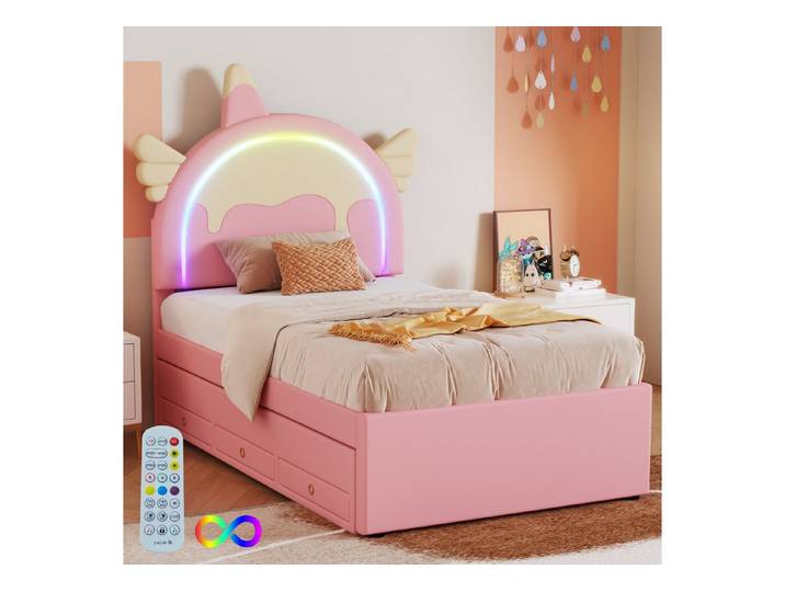 Furnishings Home Polsterbett Kinderbett ausgestattet mit ausziehbares PU-Material 90*200cm (1-tlg), Cartoon-Design aus PU und MDF rosa Violett