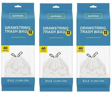 Garvee 50L (13 Gallon) Trash Bags, HDPE Garbage Bags with Drawstring, 120 Count 3 Rolls for Home Office Kitchen