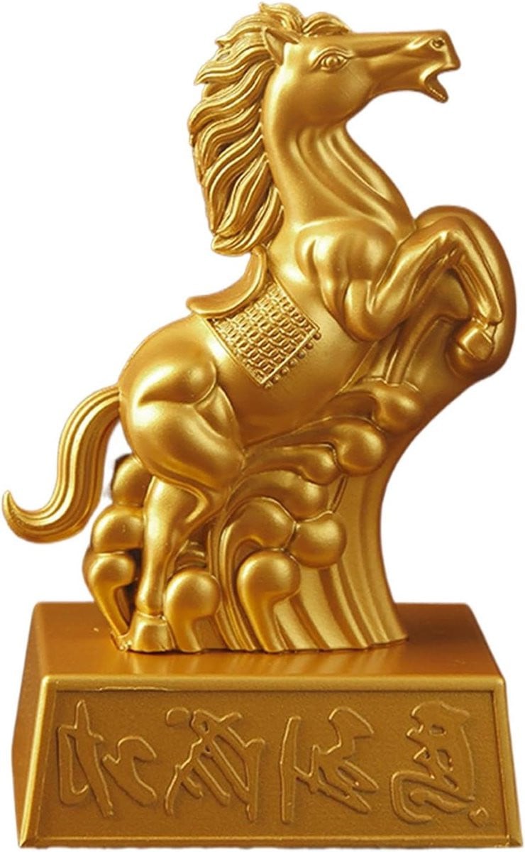 Goudkleurig Paardenbeeldje Decoratie van Zinklegering - H x B: 12 x 7,4 cm