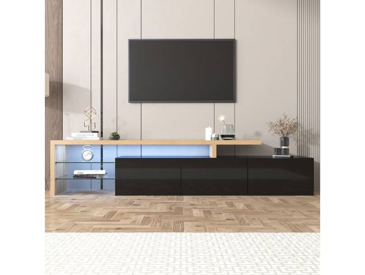 Meuble TV - NECHE - 3 portes - LED - Noir brillant - Moderne